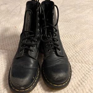 Dr. Martens Black Leather Combat Boots with Yellow Stitching